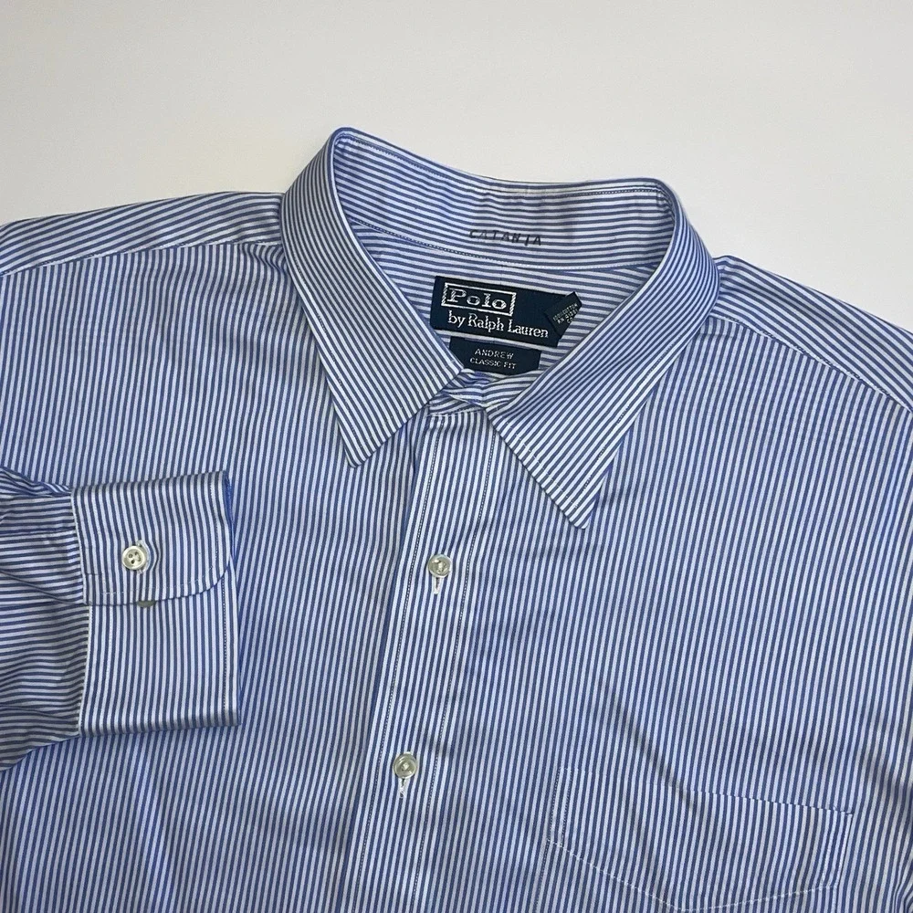Polo Ralph Lauren Andrew Dress Shirt Mens 17.5 34/35 Blue White Striped Classic